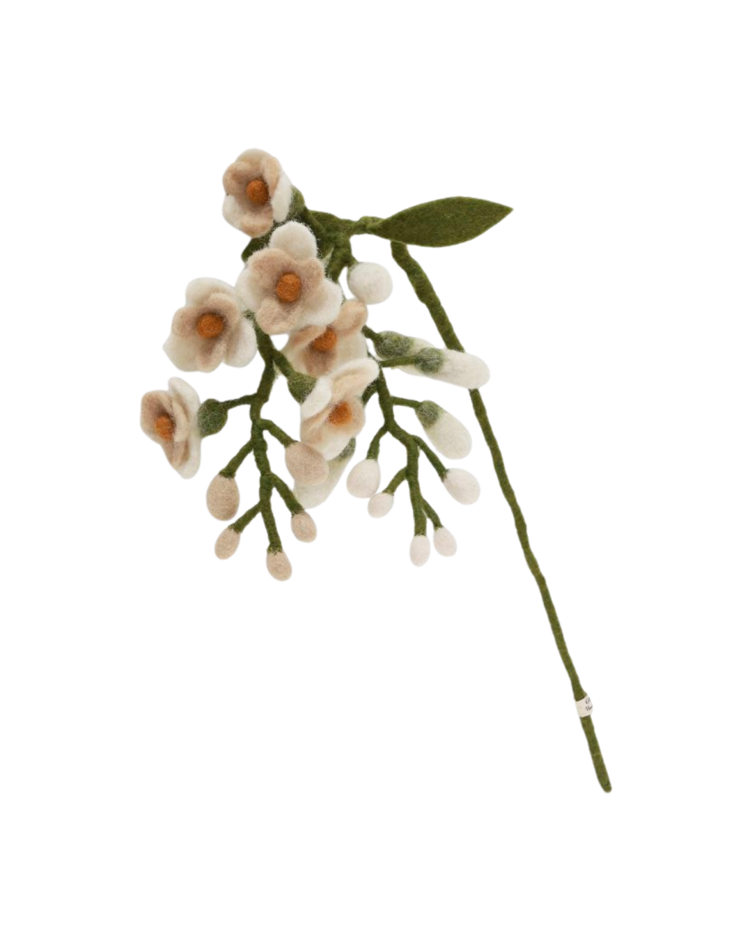 Abgebildet ist die Filzblume Blauregen von Gry & Sif mit Weißen Filzblättern an einem grünen Stiel.