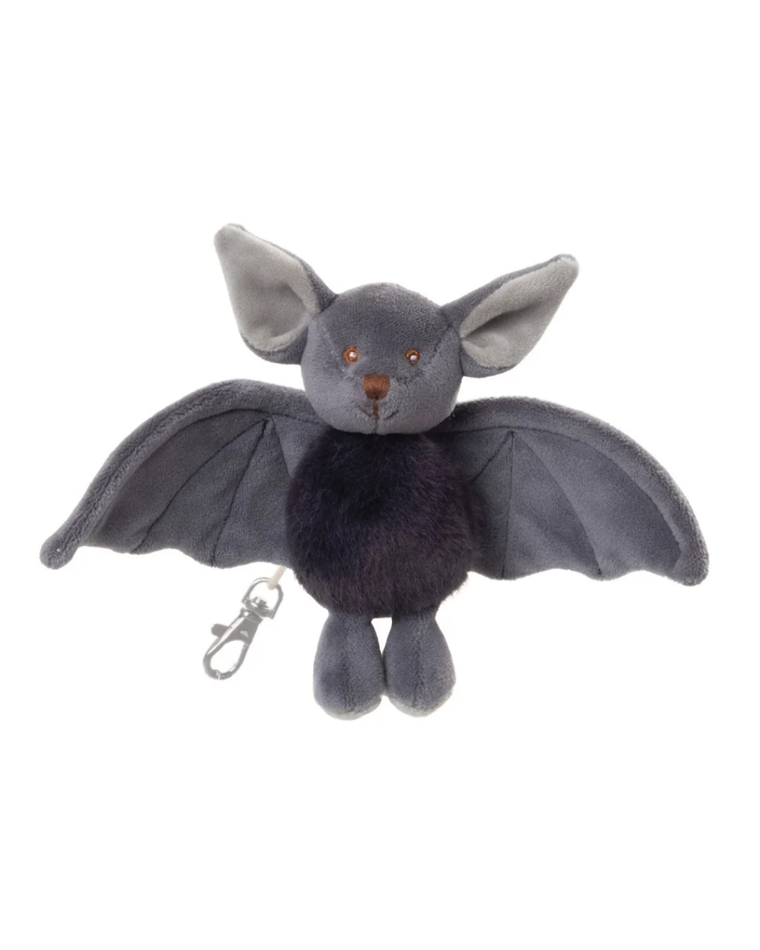 Fledermaus Schlüsselanhänger "Baltazar" von Bukowski Design vor weißen Hintergrund. Die Fledermaus ist grau/blau mit braun/roten Augen und schaut in die Kamera.
