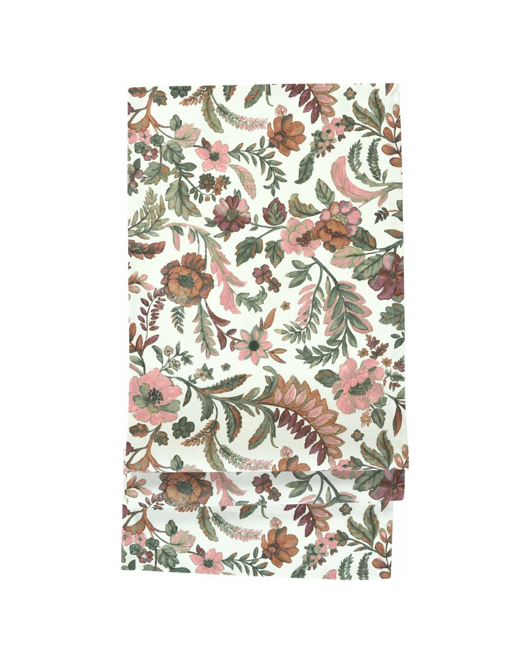 Floraler Tischläufer Ravenna mit pastellfarbenen Blüten und Blättern in rot, orange, grün und rosa von Sander Table + Home. Mohnblumen, Farn und Stockrosen sind neben anderen Blühpflanzen auf weißem Untergrund zu sehen.