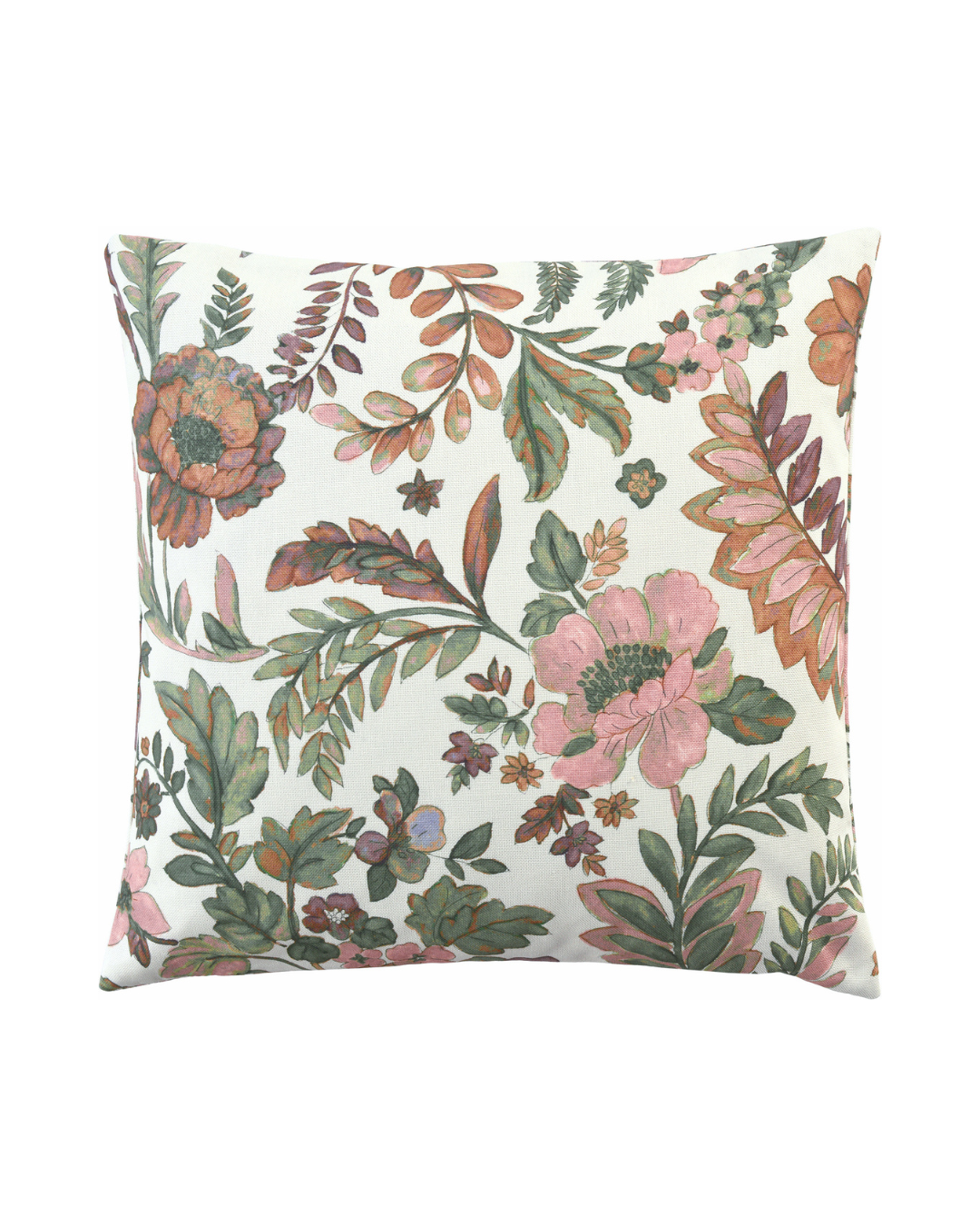 Floraler Kissenbezug Ravenna mit pastellfarbenen Blüten und Blättern in rot, orange, grün und rosa. Mohnblumen, Farn und Stockrosen sind neben anderen Blühpflanzen auf weißem Untergrund zu sehen.