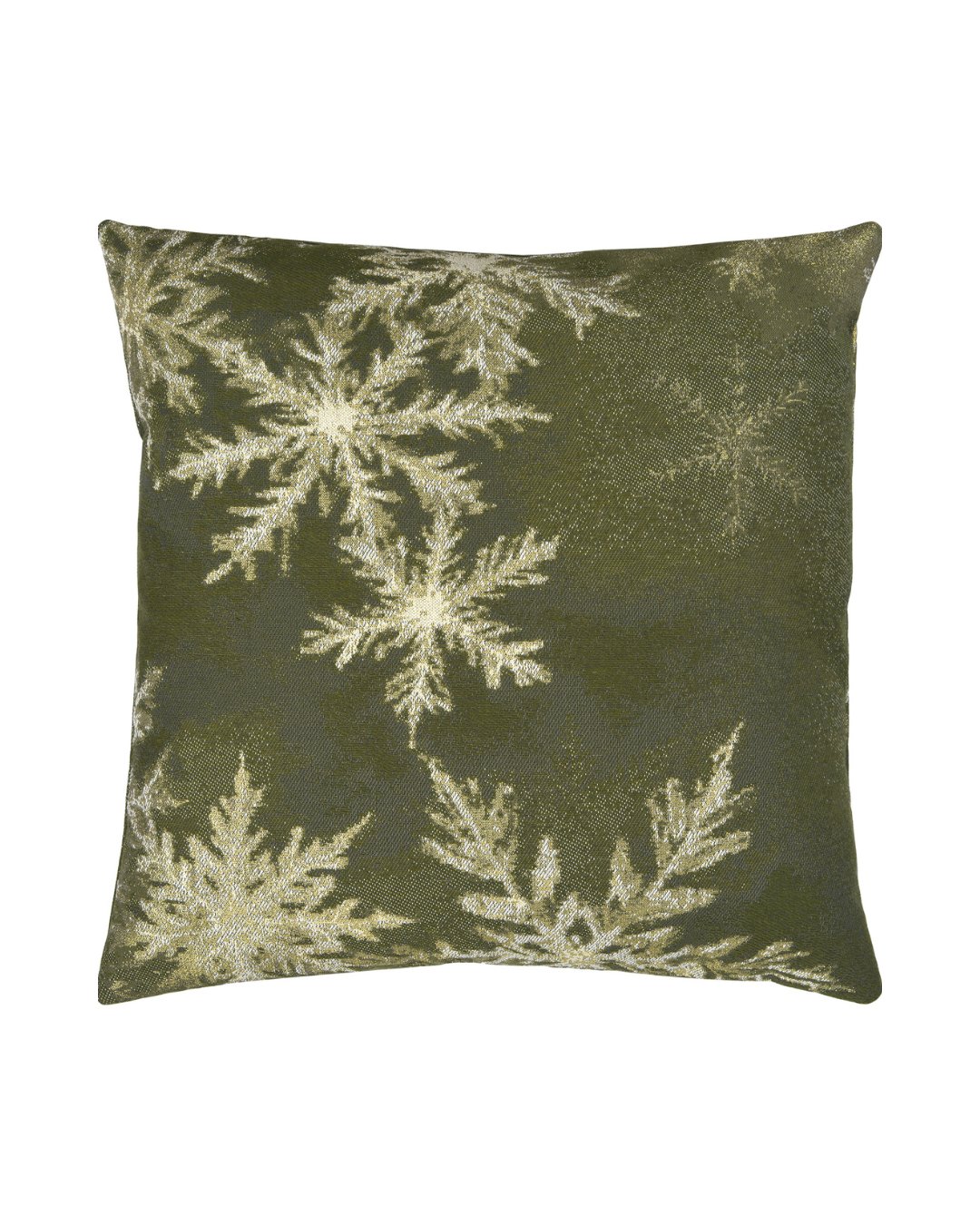 Freddo Kissenbezug von Sander in Olive mit gold akzentuierten Schneeflocken.