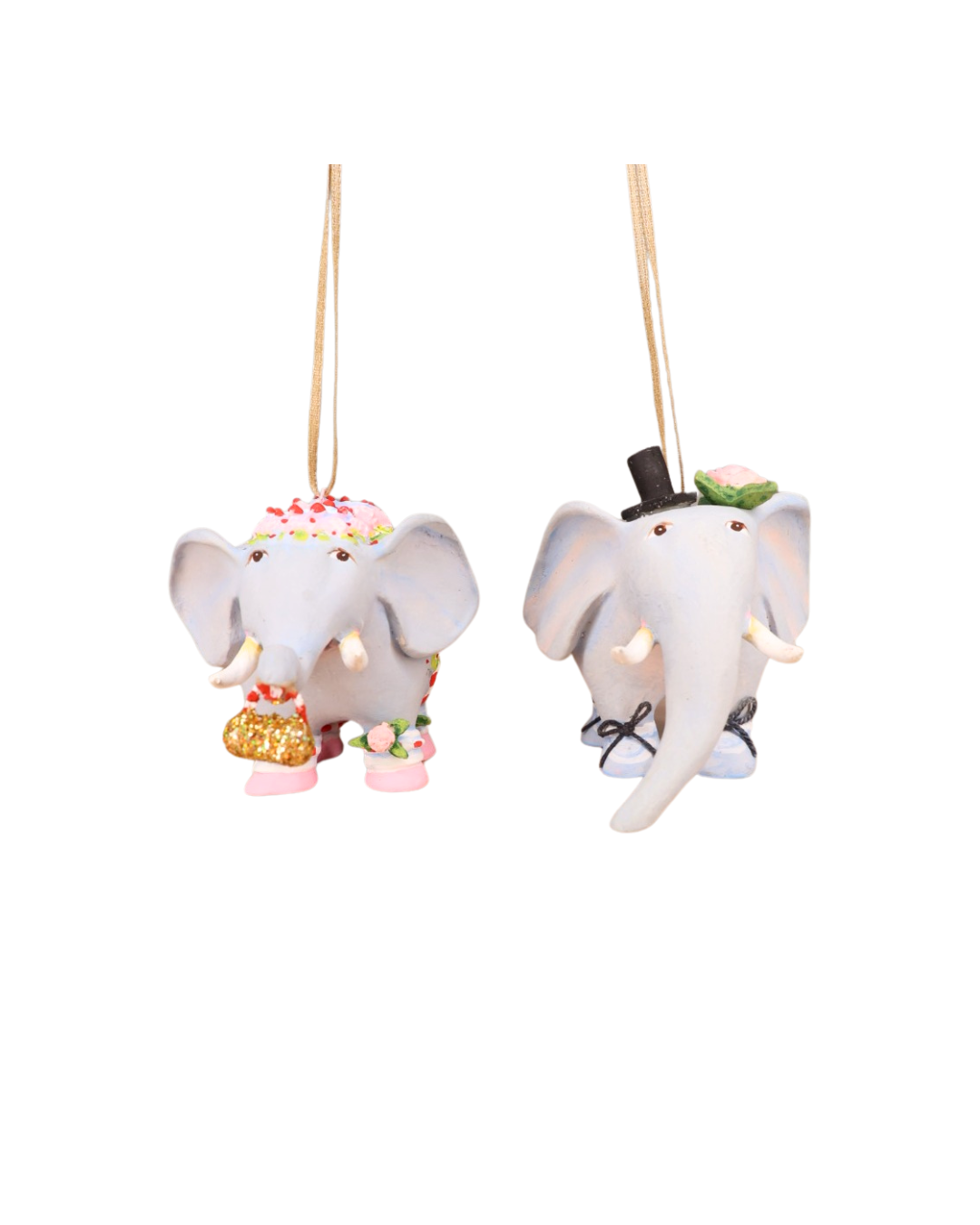 Vorderansicht des Elefanten Krinkle 2er-Sets Mini Noah’s Ark Elephants von Patience Brewster, bestehend aus einem männlichen und einem weiblichen handbemalten Elefanten.