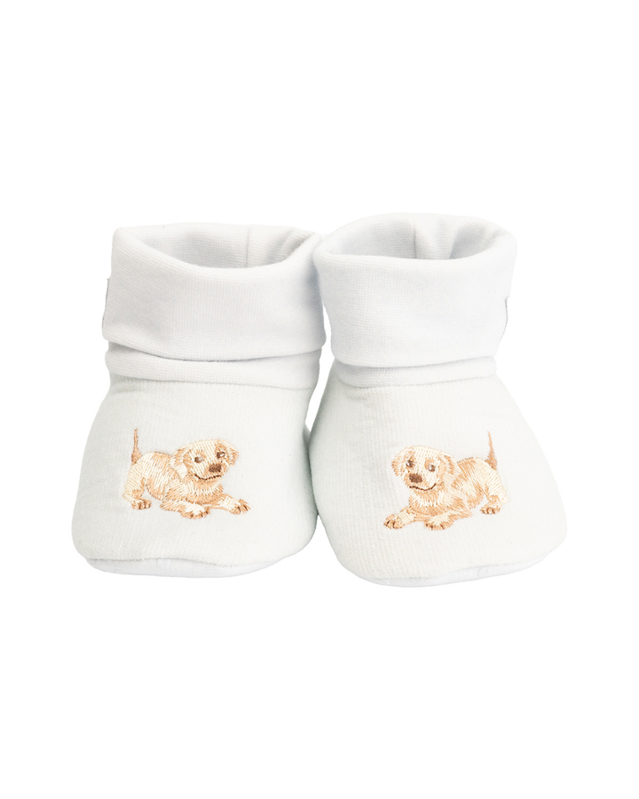 Vorderansicht der Babyschuhe mit zwei identischen Hundemotiven auf den Schuhspitzen.