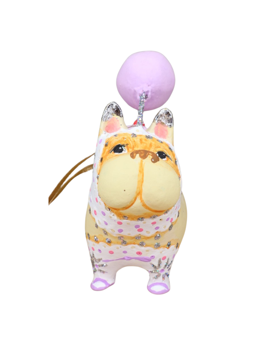 Cupcake Bulldog Anhänger von Patience Brewster – Frontansicht mit Ballon