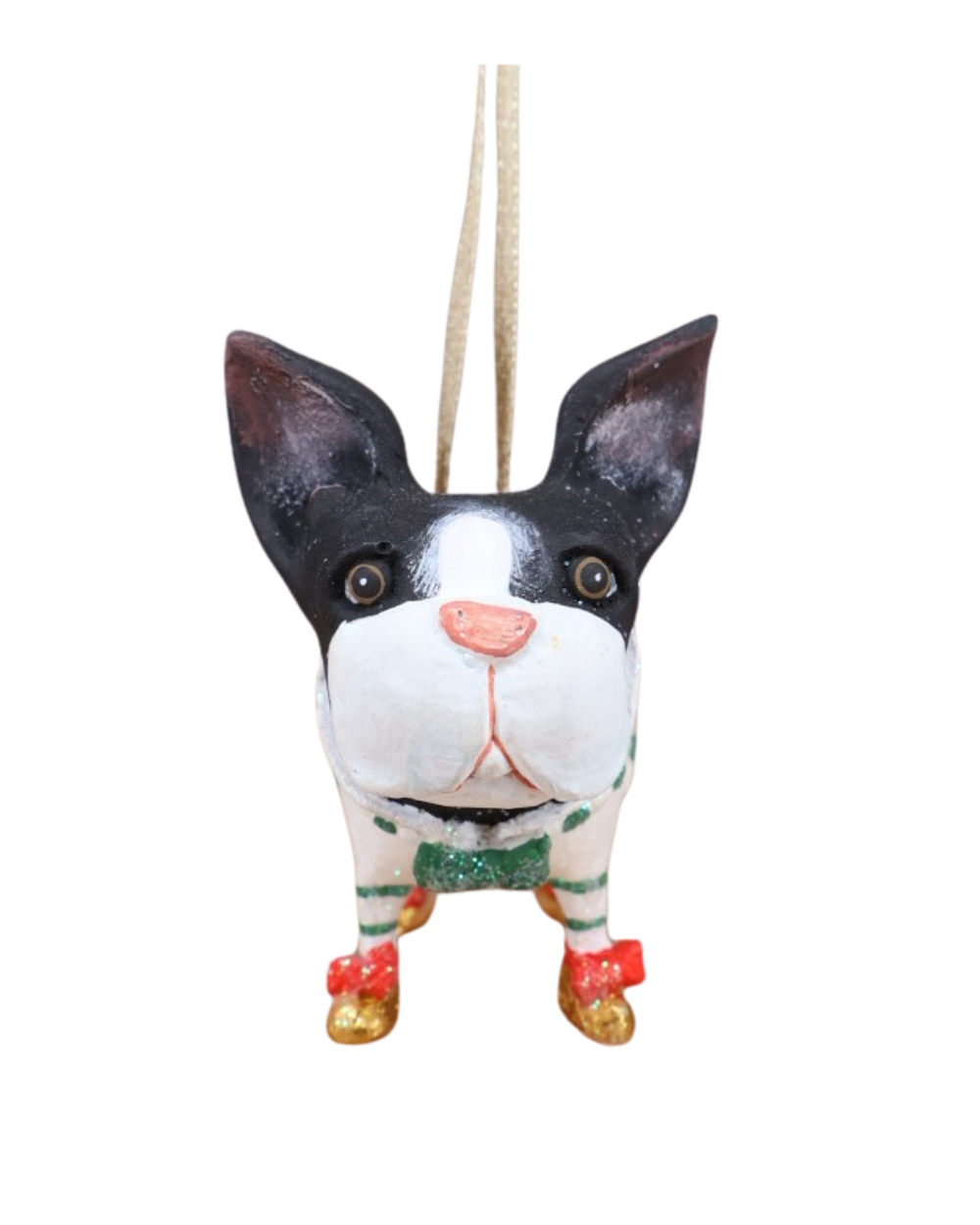 „Boston Terrier Weihnachtsfigur – frontale Ansicht mit großer Schleife von Patience Brewster“