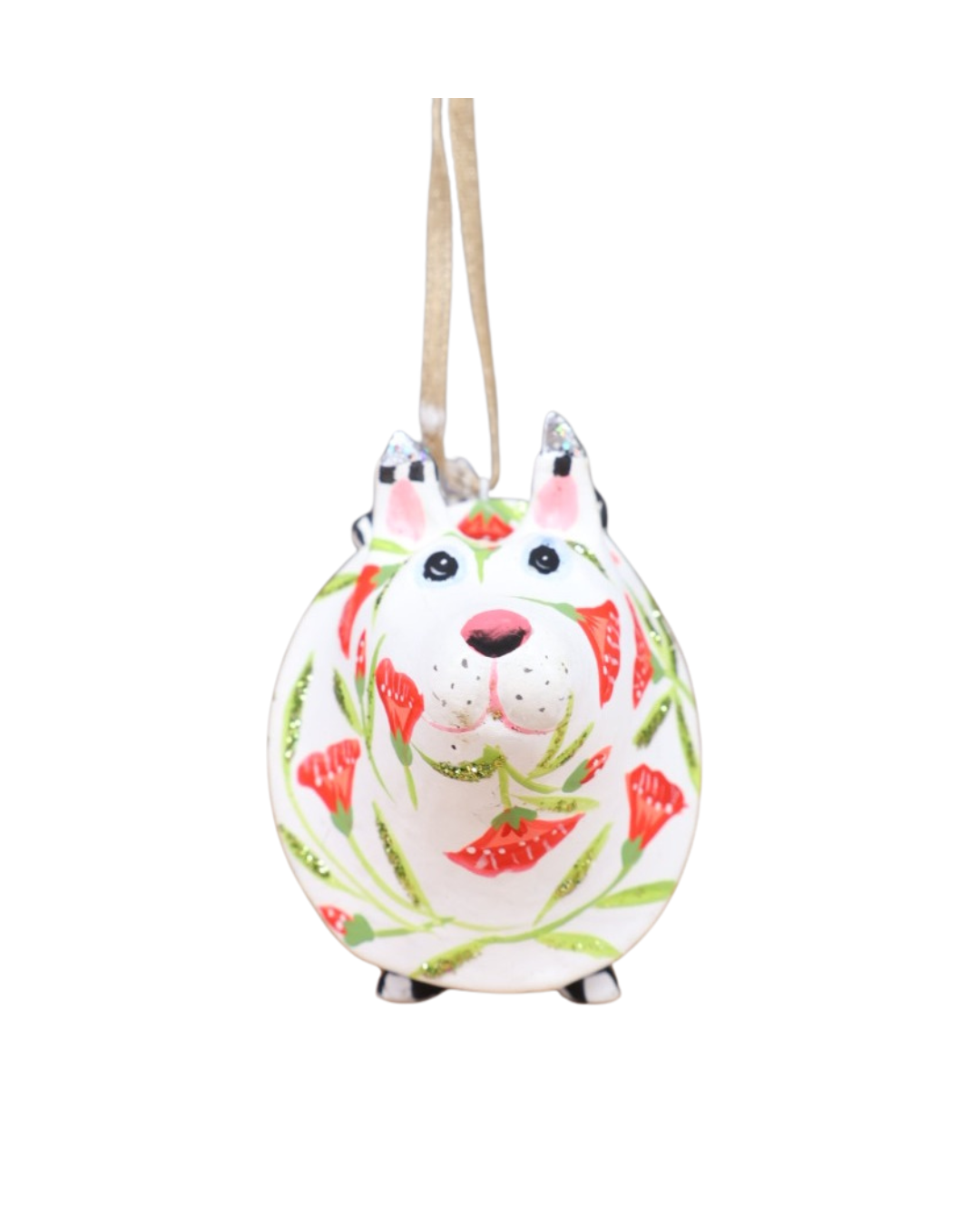 Patience Brewster Mini Gracie Westie Terrier als Weihnachtsanhänger – Frontansicht mit Blumenmuster.