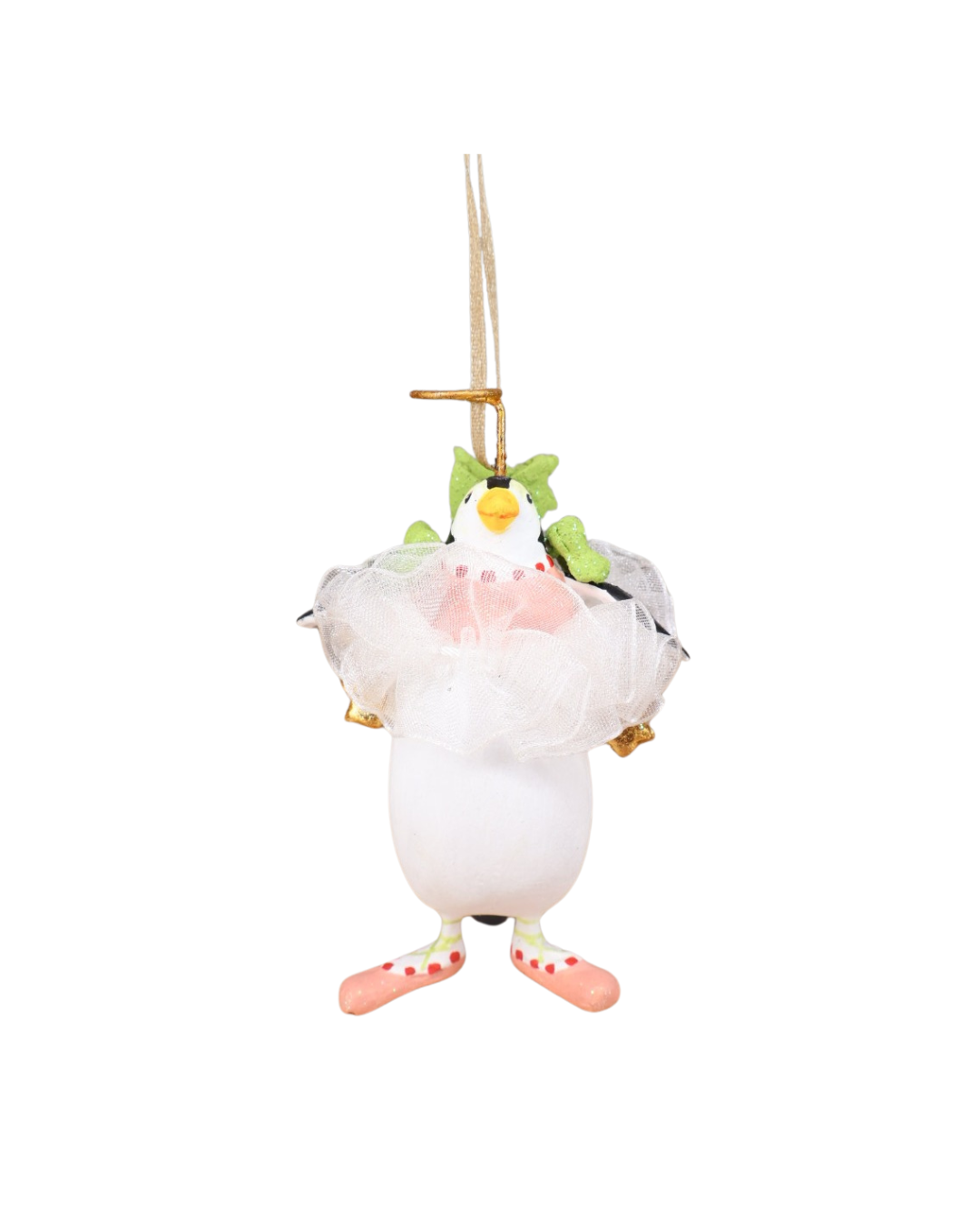 „Mini Millicent Penguin von Patience Brewster frontal mit Tüllkragen und grüner Schleife.“