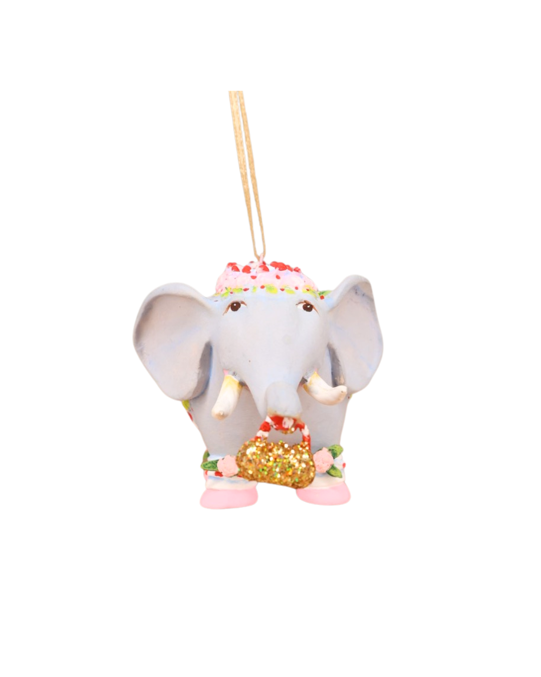Frontansicht des weiblichen Mini Noah’s Ark Elephant von Patience Brewster, Elefant mit rosa Blumenkranz, Blütenakzenten und glitzernder goldener Handtasche.