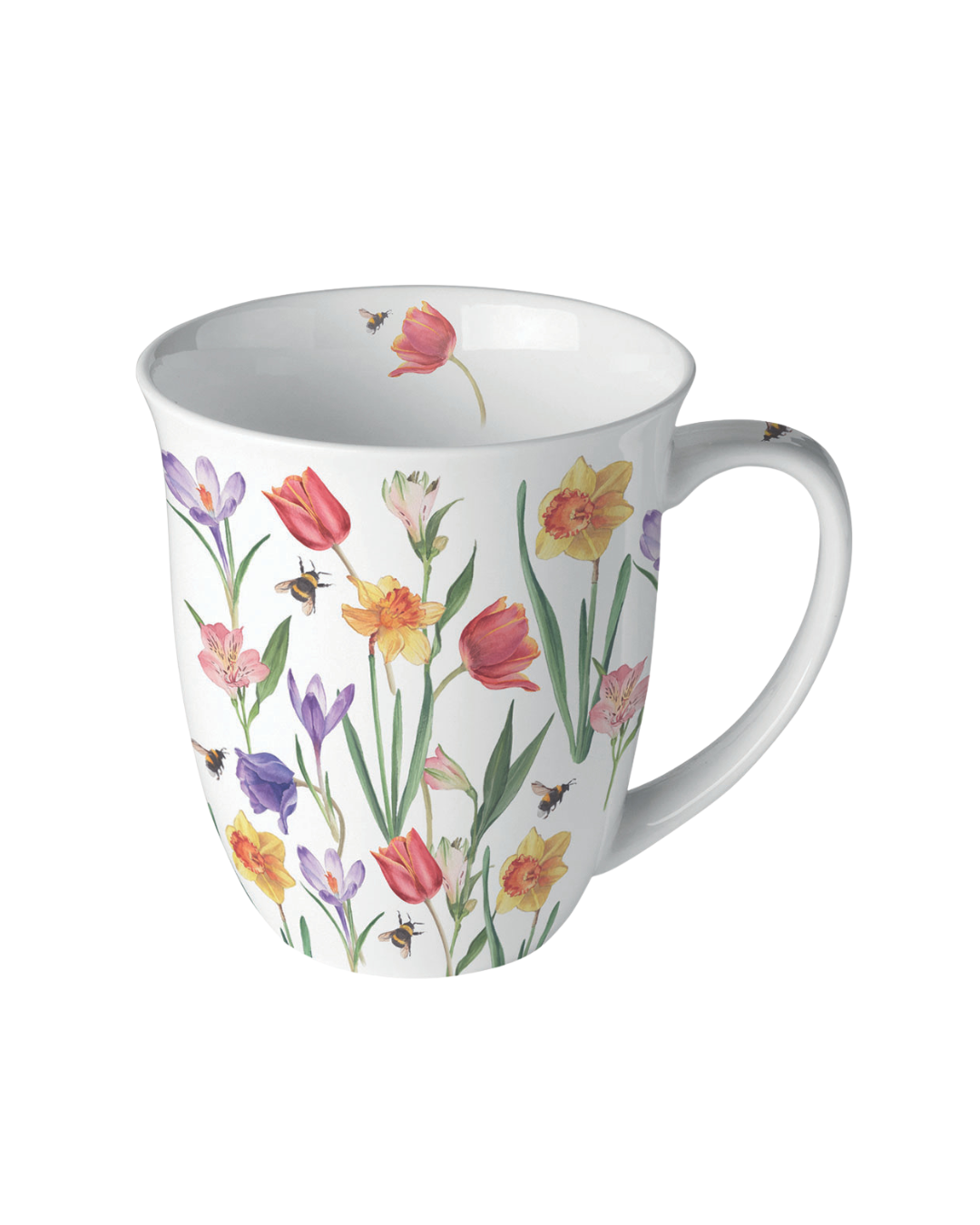Abgebildet ist eine weiße Porzellantasse mit dem Motiv „Flowers in Spring“ von Ambiente. Zu sehen sind zarte Frühlingsblumen in Rosa, Gelb und Violett, kleine Bienen und grüne Blätter. Die Tasse steht auf einem hellen Hintergrund.