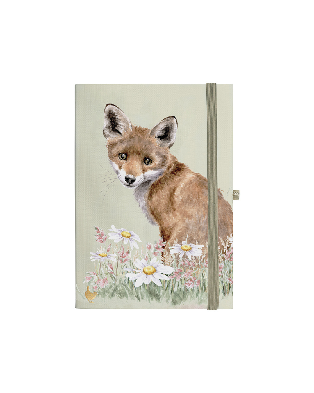 A5-Notizbuchs „Fuchs“ mit Illustration von Hannah Dale vor weißem Hintergrund. Es zeigt einen Fuchs zwischen Margeriten, grünes Gummiband, goldenem Zaunkönig in der Ecke und goldfarbenem Seitenschnitt.