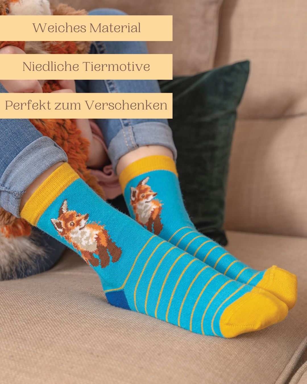 Weiche Bambussocken für Kinder mit niedlichem Fuchs-Motiv von Wrendale Designs auch perfekt zum Verschenken.