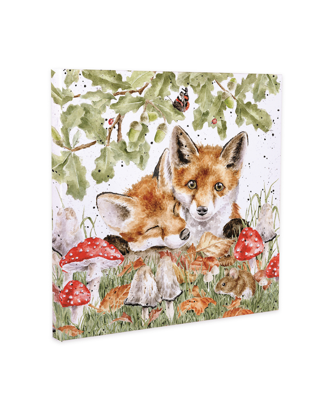 Illustration von zwei jungen Füchsen unter einer Eiche mit Pilzen, Blättern und kleinen Waldbewohnern auf einer quadratischen Leinwand von Wrendale Designs.