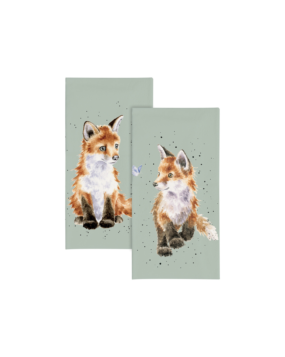 Zwei Fuchs-Taschentücher von Wrendale Designs mit Illustrationen von Hannah Dale. Die Vorderseite zeigt einen sitzenden Fuchs, die Rückseite einen gehenden Fuchs mit Schmetterling – beide auf sanftgrünem Hintergrund. Die Taschentücher sind vor weißem Hintergrund.