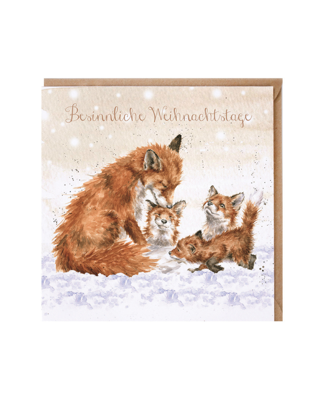 Weihnachtskarte Peace, Love and Joy mit Fuchsfamilie von Wrendale Designs vor weißem Hintergrund.