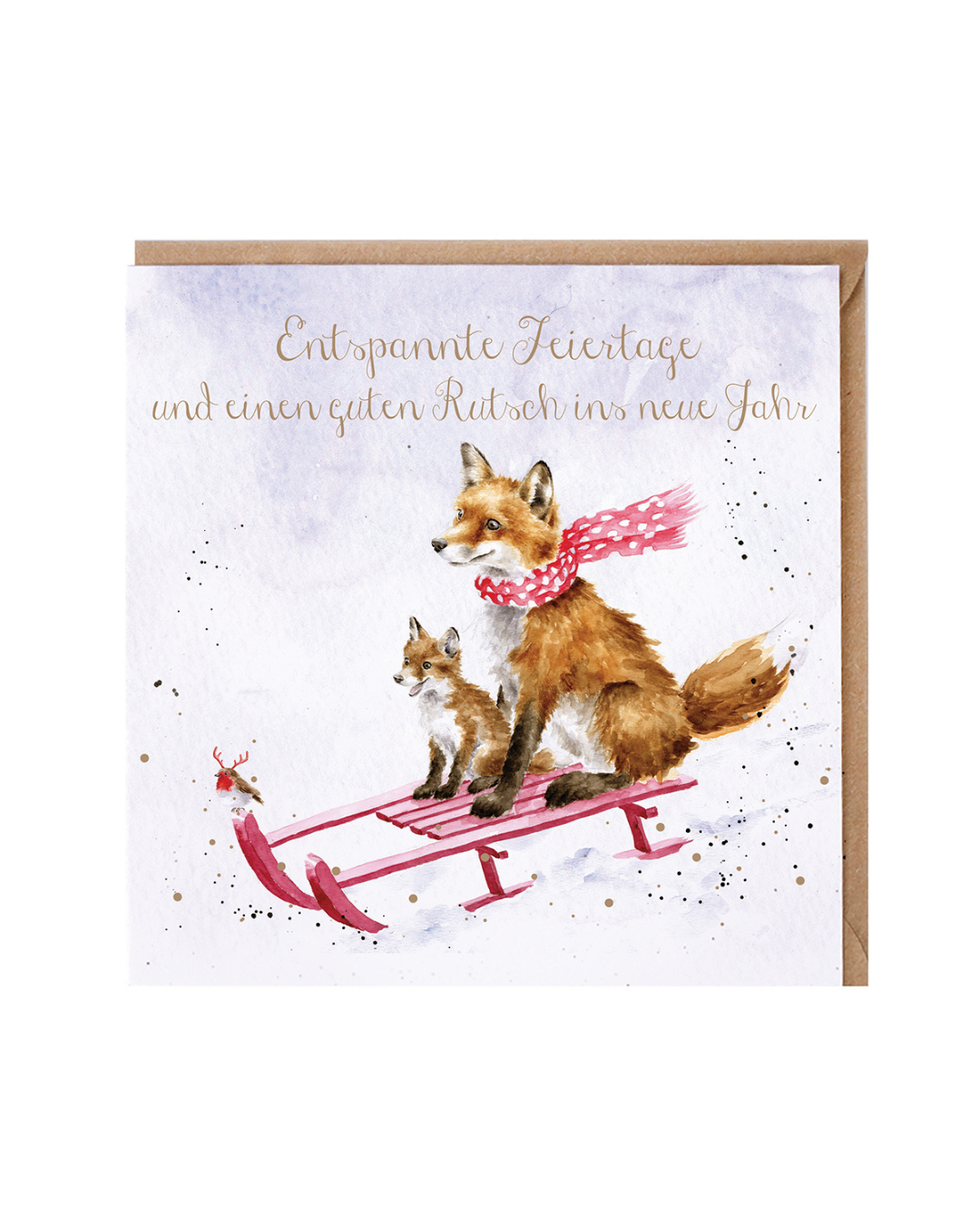 Weihnachtskarte The Sleigh Ride mit Füchsen auf dem Schlitten von Wrendale Designs vor weißem Hintergrund.