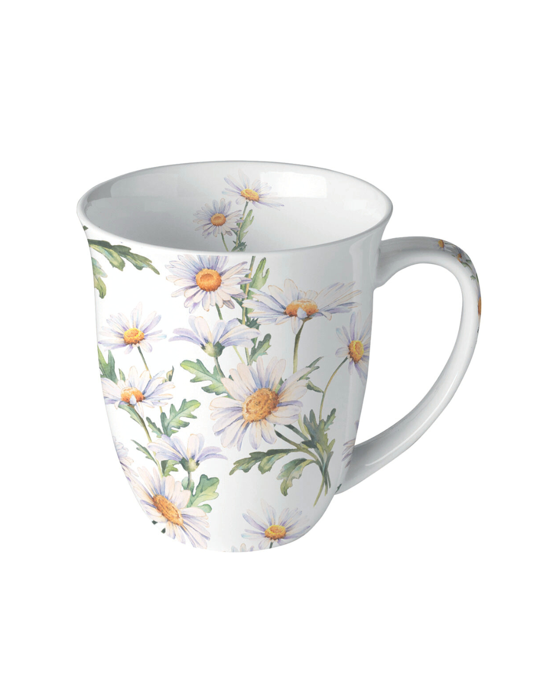 Weiße Keramik-Tasse mit Gänseblümchenmotiv in Pastellfarben der Marke Ambiente, isoliert auf weißem Hintergrund.