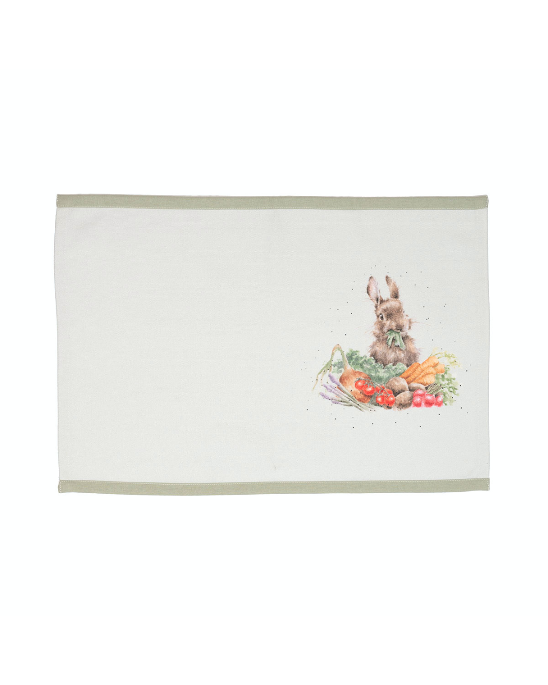 Ein einzelnes Tischset „Garden Friends“ mit einem Hasen-Motiv. Das Set liegt auf einem hellen Hintergrund und zeigt das Tier inmitten eines Gartens.