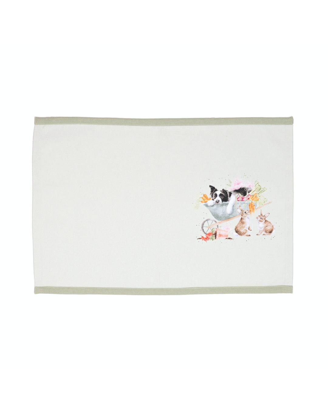 Ein einzelnes Tischset „Garden Friends“ mit einem Hund-Motiv. Das Set liegt auf einem hellen Hintergrund und zeigt das Tier in einer Schubkarre.