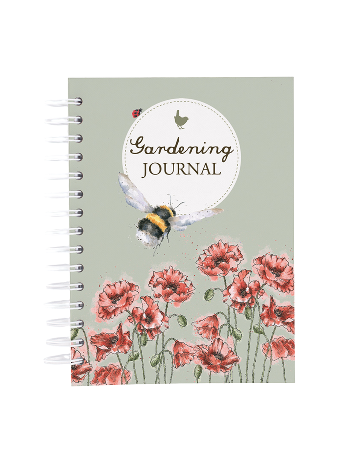 Gartenplaner „Gardening Journal“ von Wrendale Designs mit Hummel-Illustration und roten Blüten auf grünem Cover