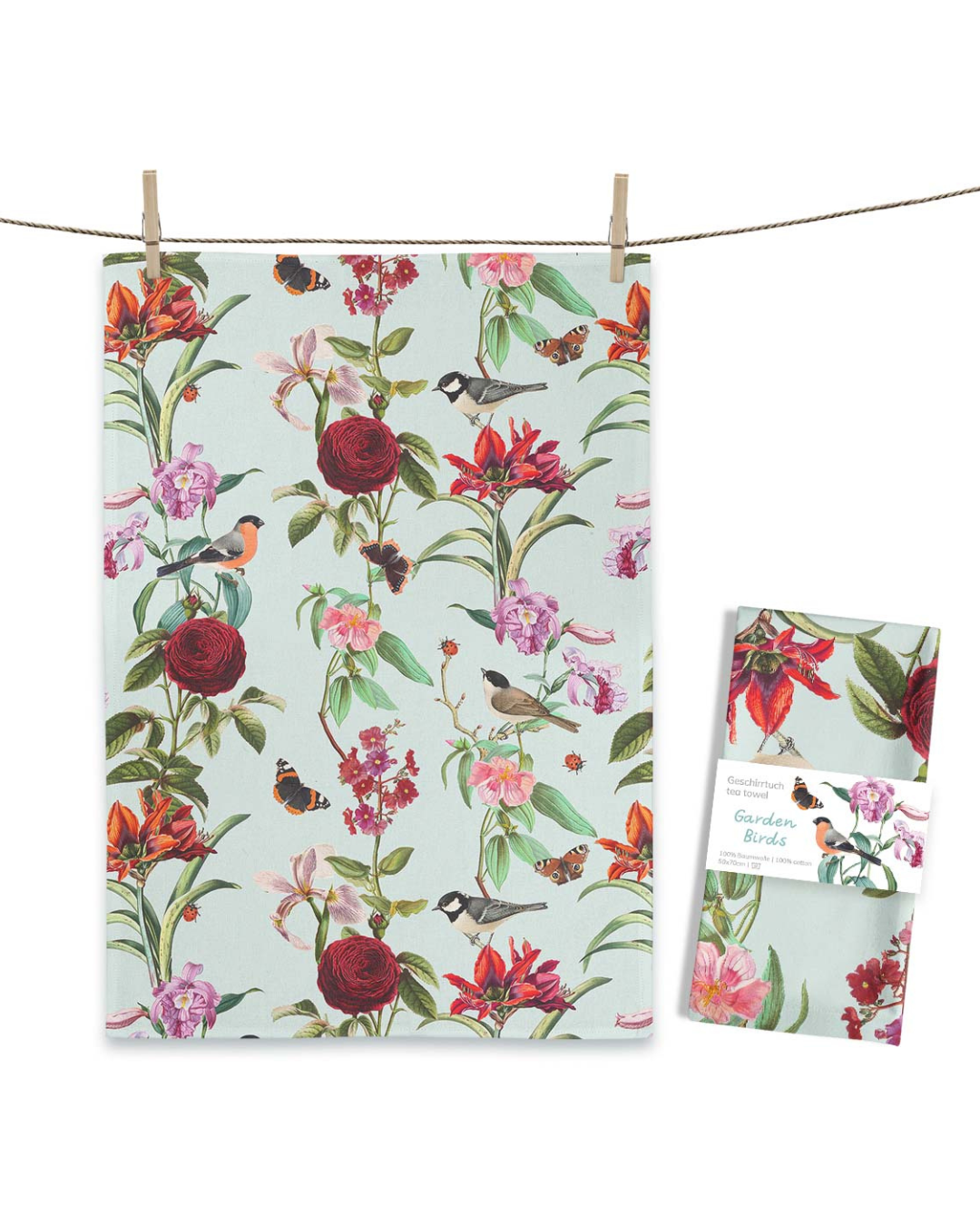 Geschirrtuch „Garden Birds“ von Maluu mit Blumen- und Vogelmotiv