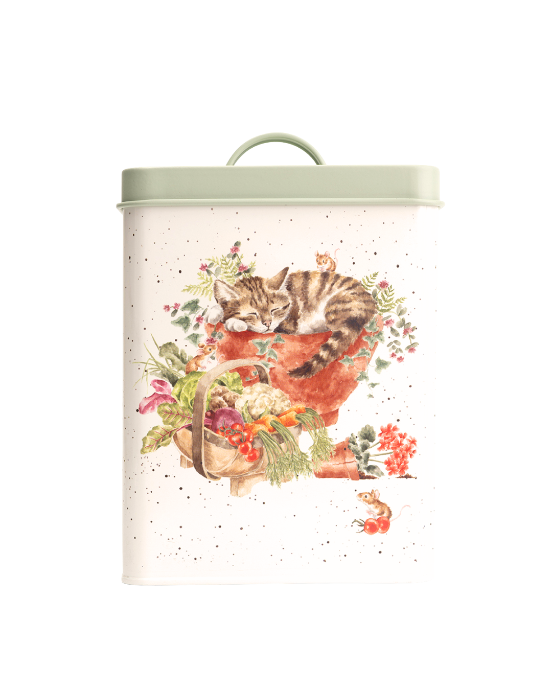 Garten Vorratsdose von Wrendale Designs mit Katzenmotiv im Blumentopf und Gemüseillustration auf weißem Hintergrund