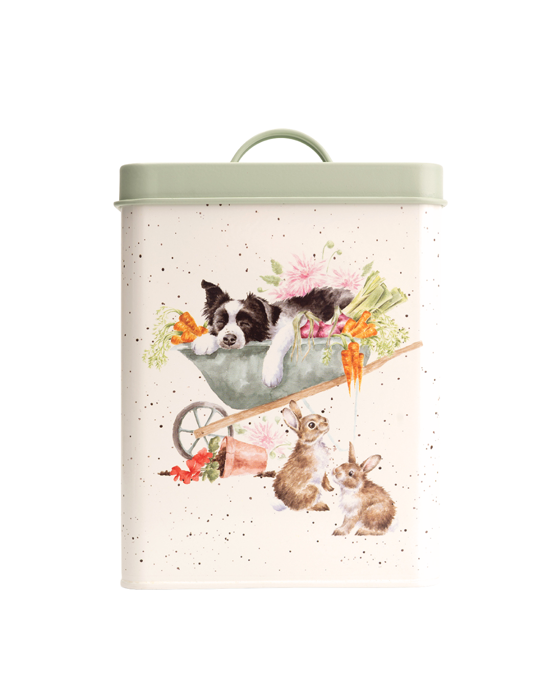 Vorderansicht der Garden Storage Tin von Wrendale Designs mit Hund im Schubkarren und Hasen im Garten