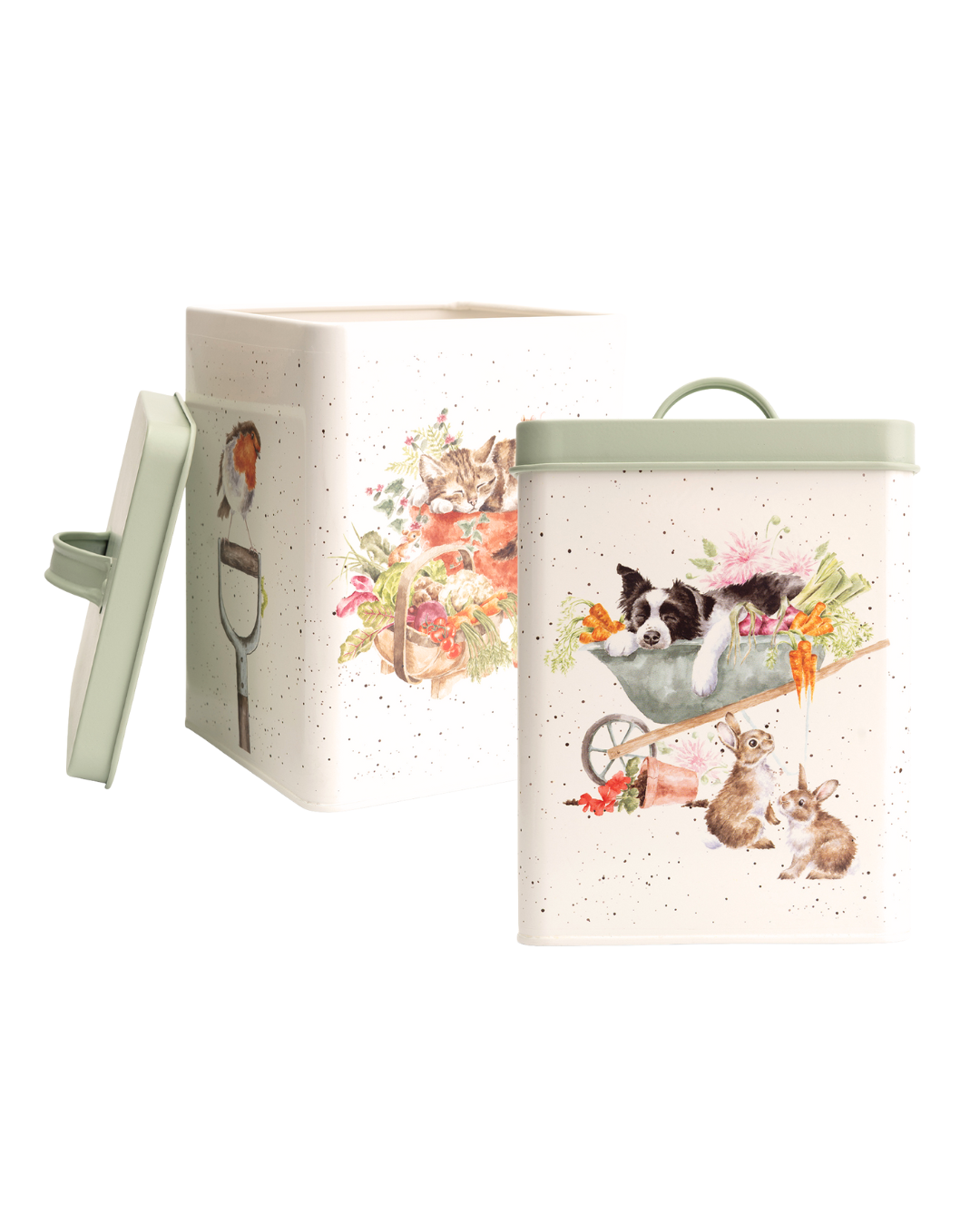 Zwei Garten Vorratsdosen von Wrendale Designs nebeneinander, eine mit Hunde- und Hasenmotiv, eine mit Katzenmotiv
