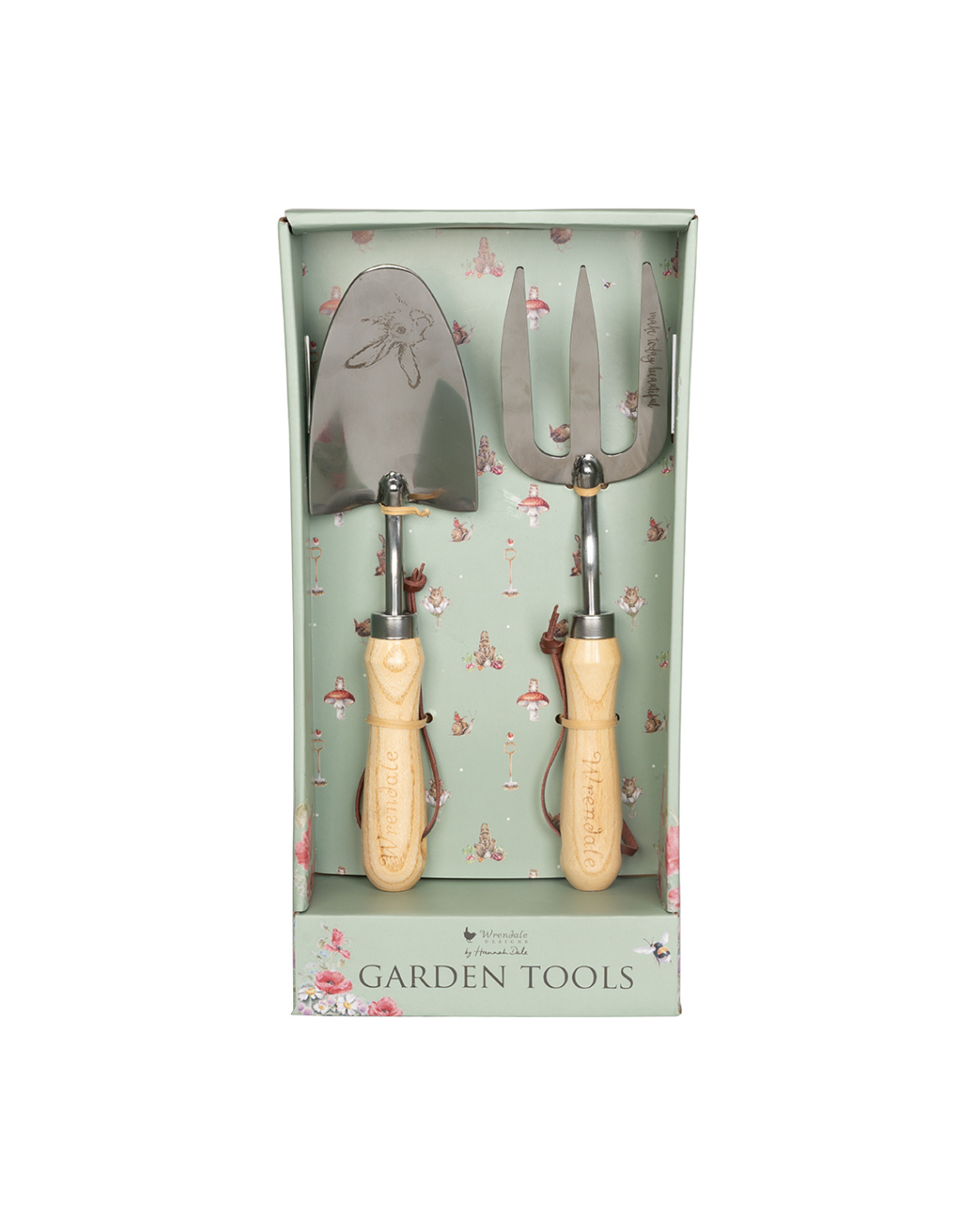 Gartenwerkzeug Fork & Trowel von Wrendale Designs in geöffneter Geschenkbox frontal