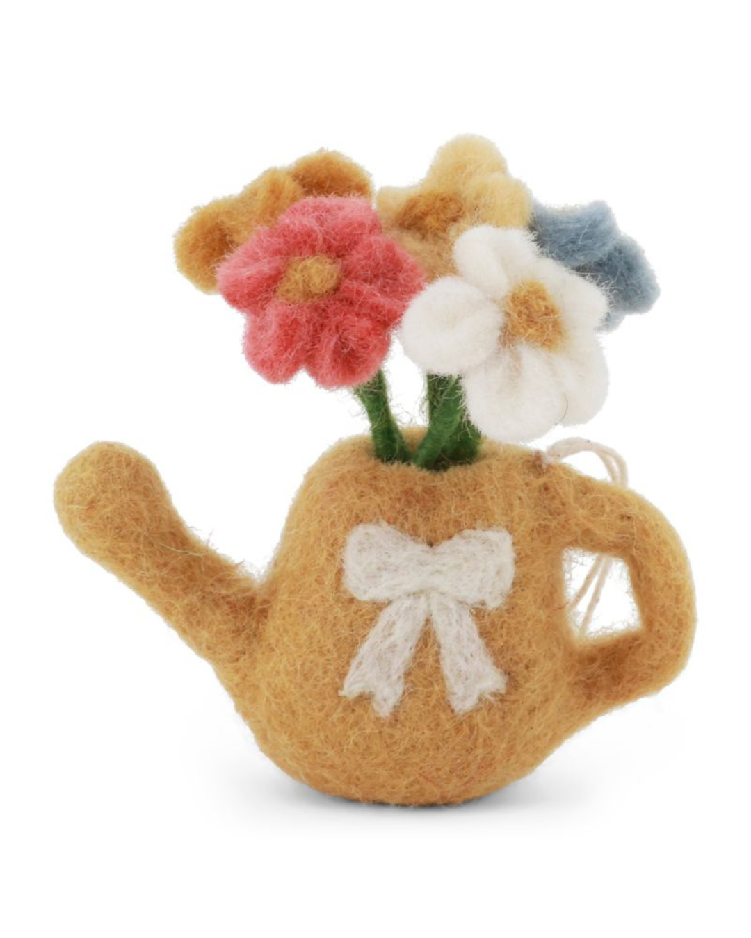 Gelbe Filz-Gießkanne mit bunten Blumen und weißer Schleife als Anhänger von Gry & Sif.