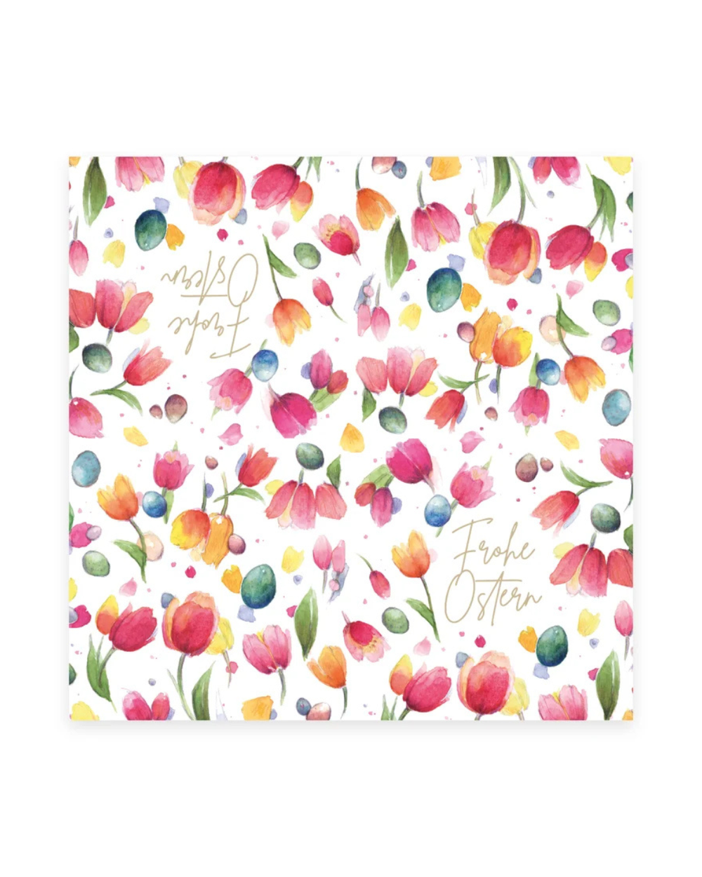 Geöffnete Cocktailservietten Ostern vom Grätz Verlag mit durchgehendem Tulpen- und Eiermuster, Design von Sophia Drescher