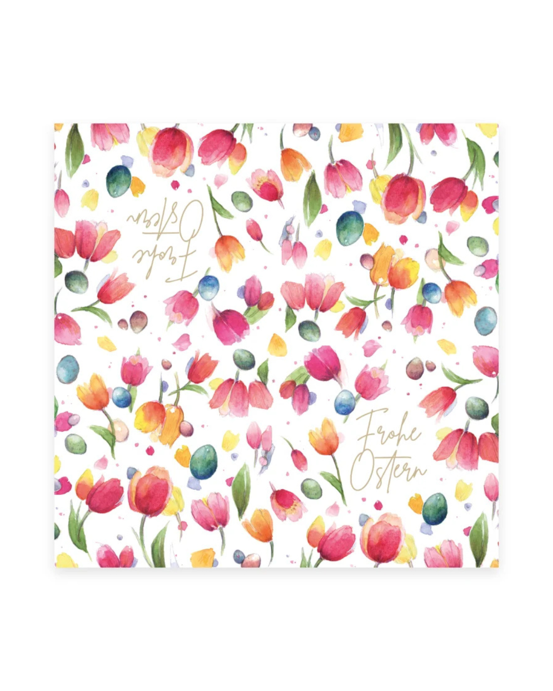 Geöffnete Cocktailservietten Ostern vom Grätz Verlag mit durchgehendem Tulpen- und Eiermuster, Design von Sophia Drescher