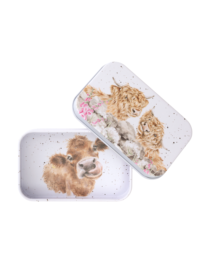 Geöffnete Hochlandkuh-Dose von Wrendale Designs mit zusätzlichem Kuhmotiv im Inneren, dekorative Aufbewahrungsdose