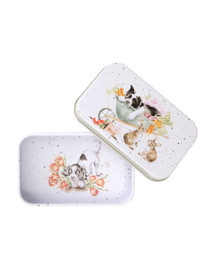 Geöffnete Hunde-Dose von Wrendale Designs mit zusätzlicher Hund-Illustration im Inneren, dekorative Aufbewahrungsdose