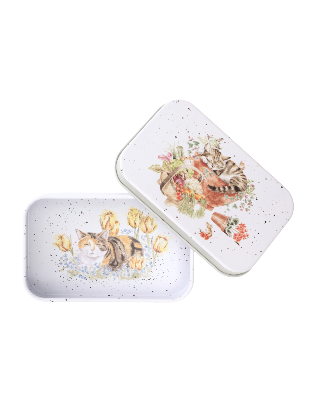 Geöffnete Katzen-Dose von Wrendale Designs mit zusätzlichem Katzenmotiv im Inneren, dekorative Aufbewahrungsdose