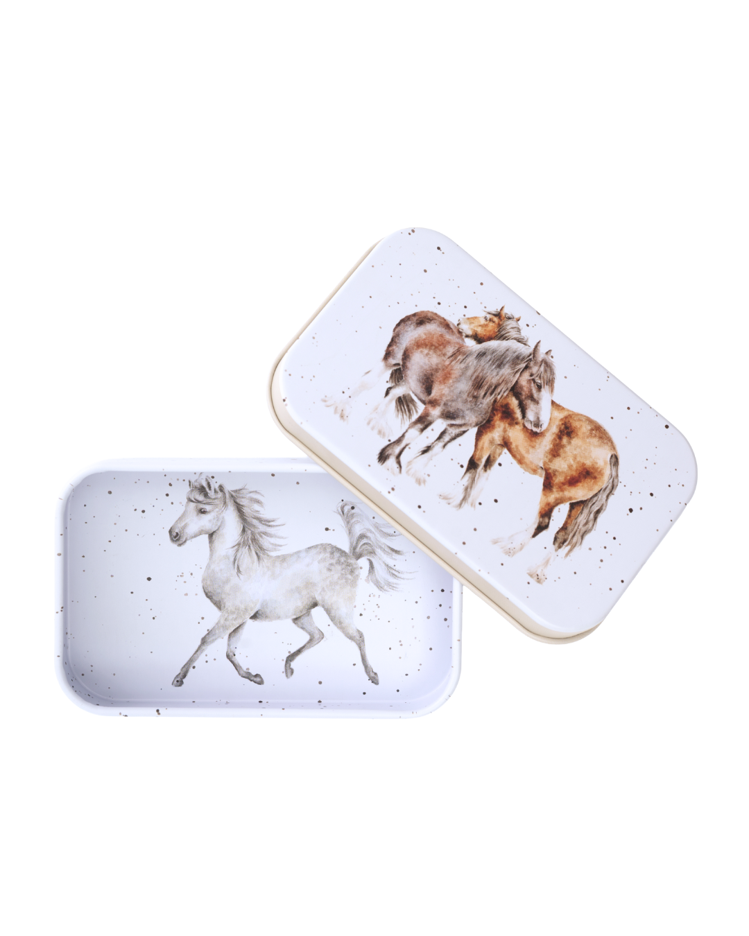 Geöffnete Pferde-Dose von Wrendale Designs mit zusätzlichem Pferdemotiv im Inneren, dekorative Aufbewahrungsdose im typischen Wrendale Stil