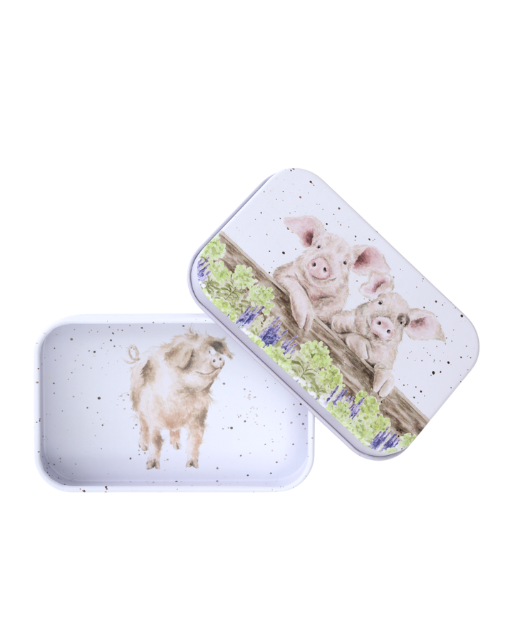 Schweine-Dose „Nosy Neighbours“ von Wrendale Designs mit zwei neugierigen Schweinen auf dem Deckel, rechteckige Metallbox im typischen Wrendale Stil