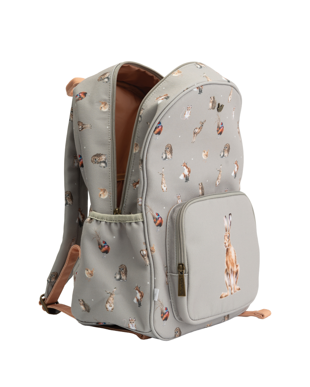 Geöffneter Rucksack „Woodlanders“ von Wrendale Designs mit Blick ins roséfarbene Innenfutter.