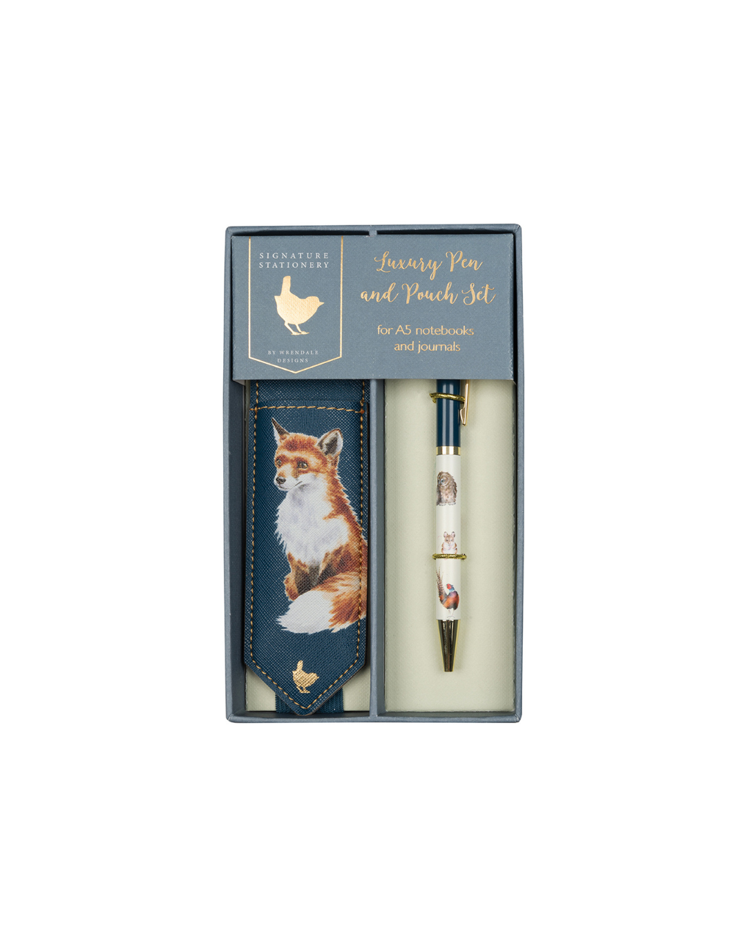 Geöffnetes Kugelschreiber-Set „Signature Stationery“ von Wrendale Designs mit Kugelschreiber und Stiftetui mit Fuchsmotiv, in Geschenkbox.