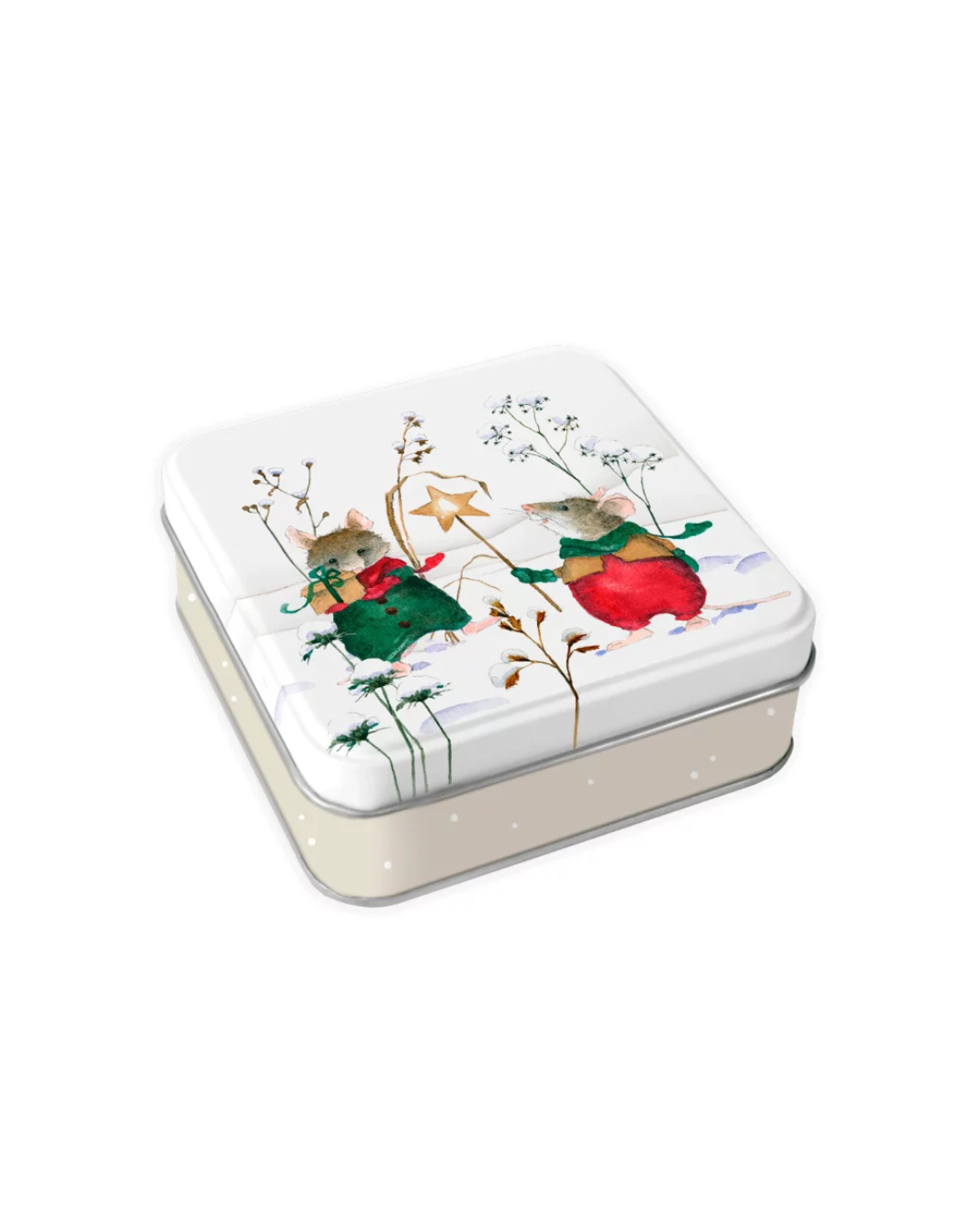 Weihnachtliche Metalldose vom Grätz Verlag – Mäuse mit Geschenk und Sternenstab