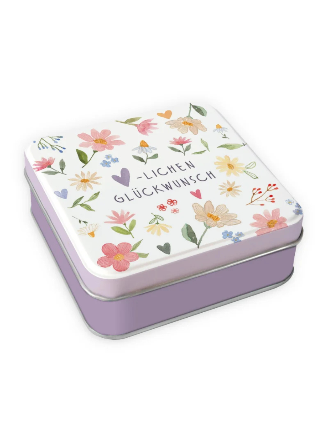 Quadratische Geschenkdose vom Grätz Verlag mit floralem Deckelmotiv und Schriftzug „Herzlichen Glückwunsch“, helles Design mit Blumen und Herzen, freigestellt vor weißem Hintergrund, die Dose ist leicht schräg dargestellt.