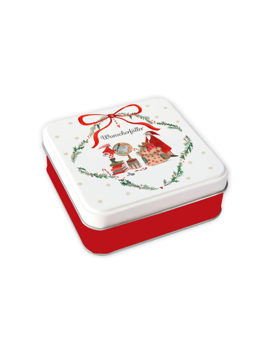 Weihnachtsdose vom Grätz Verlag mit rotem Rand und verspielter Illustration mit Weihnachtsmann.