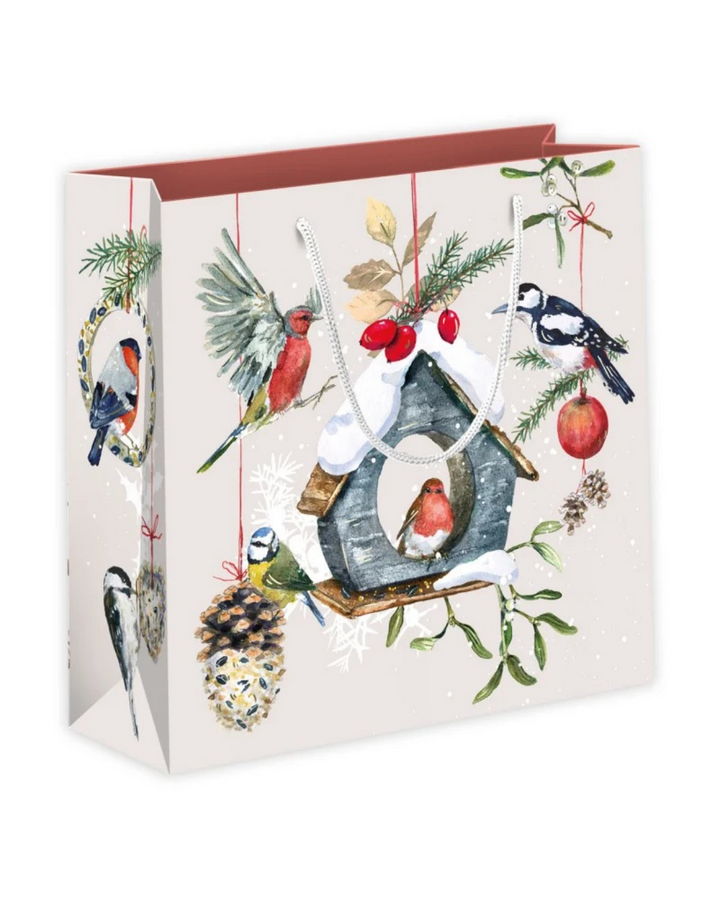 Geschenktasche Am Vogelhaus" vom Grätz Verlag in der Größe "Groß". Mit verschiedenen Vögeln versammelt um ein Futterhäuschen.