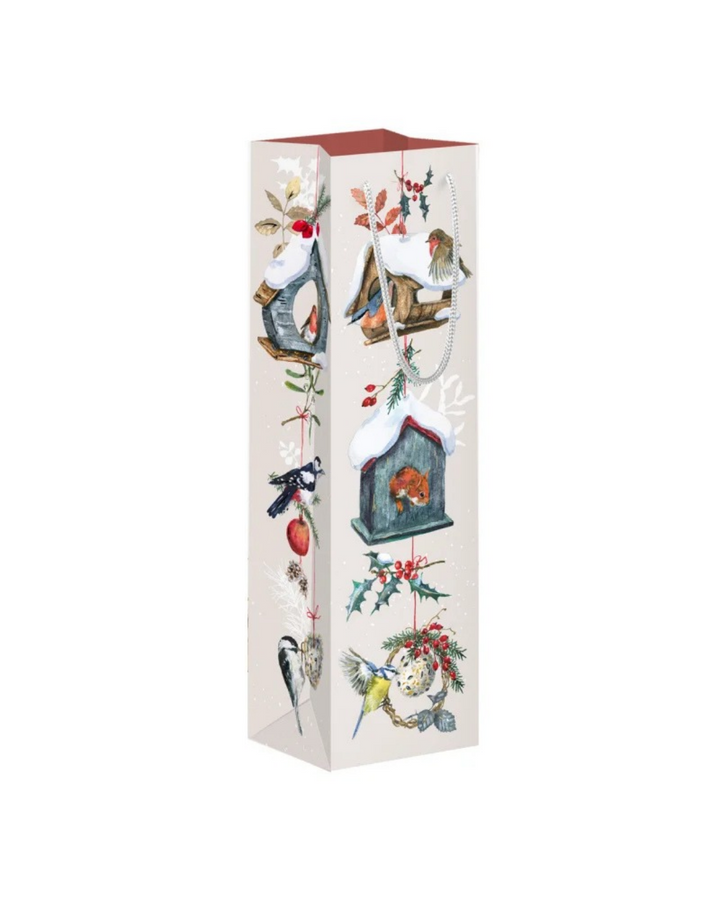 Geschenktasche "Am Vogelhaus" vom Grätz Verlag in der Größe "L für Flaschen". Mit detailliert-winterlicher Vogelillustration  von Daniela Drescher.