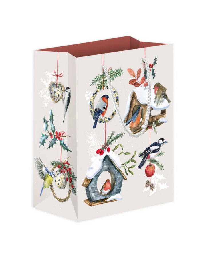 Geschenktasche " AM Vogelhaus" in der Größe "Mittel" vom Grätz Verlag. Mit winterlichen Vogelillustrationen von Daniela Drescher.