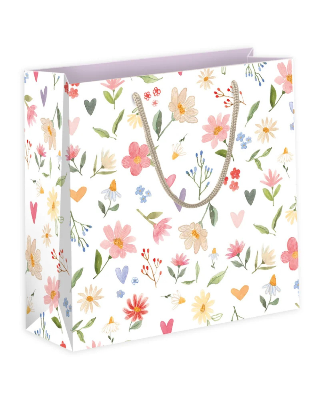 Geschenktasche L „Von Herzen“ vom Grätz Verlag mit floralem Muster aus Blumen und Herzen in zarten Farben, ausgestattet mit Kordelgriffen, schräg dargestellt auf weißem Hintergrund.