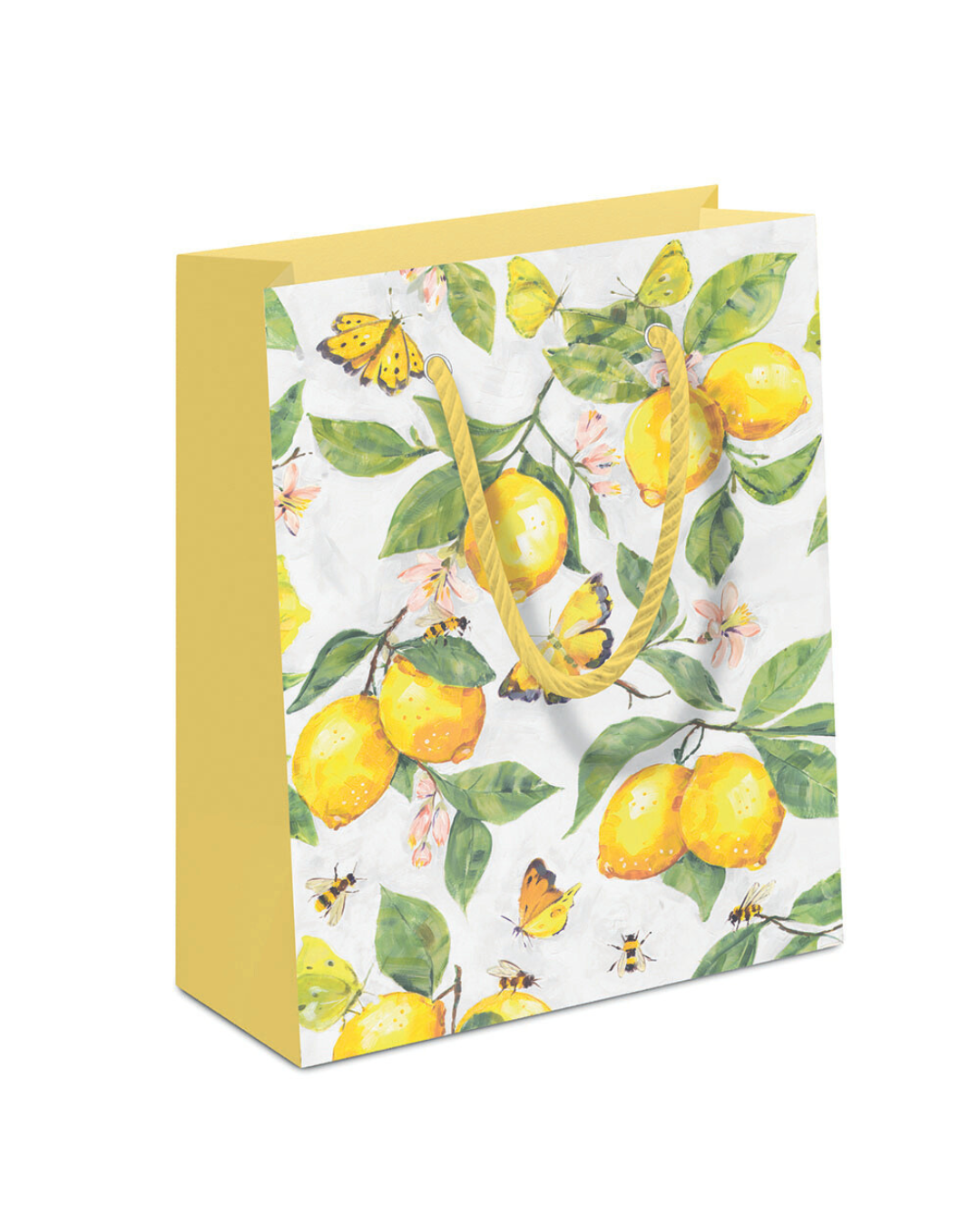 Geschenktasche M „Fresh Lemon“ von Ambiente mit Zitronen, Blättern und gelben Tragekordeln