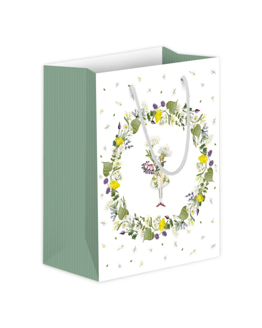 Geschenktasche M „Kräutergarten“ vom Grätz Verlag mit floralem Kräuterkranz und feinen Illustrationen in Grün- und Gelbtönen, mit Kordelgriffen, schräg dargestellt auf weißem Hintergrund.