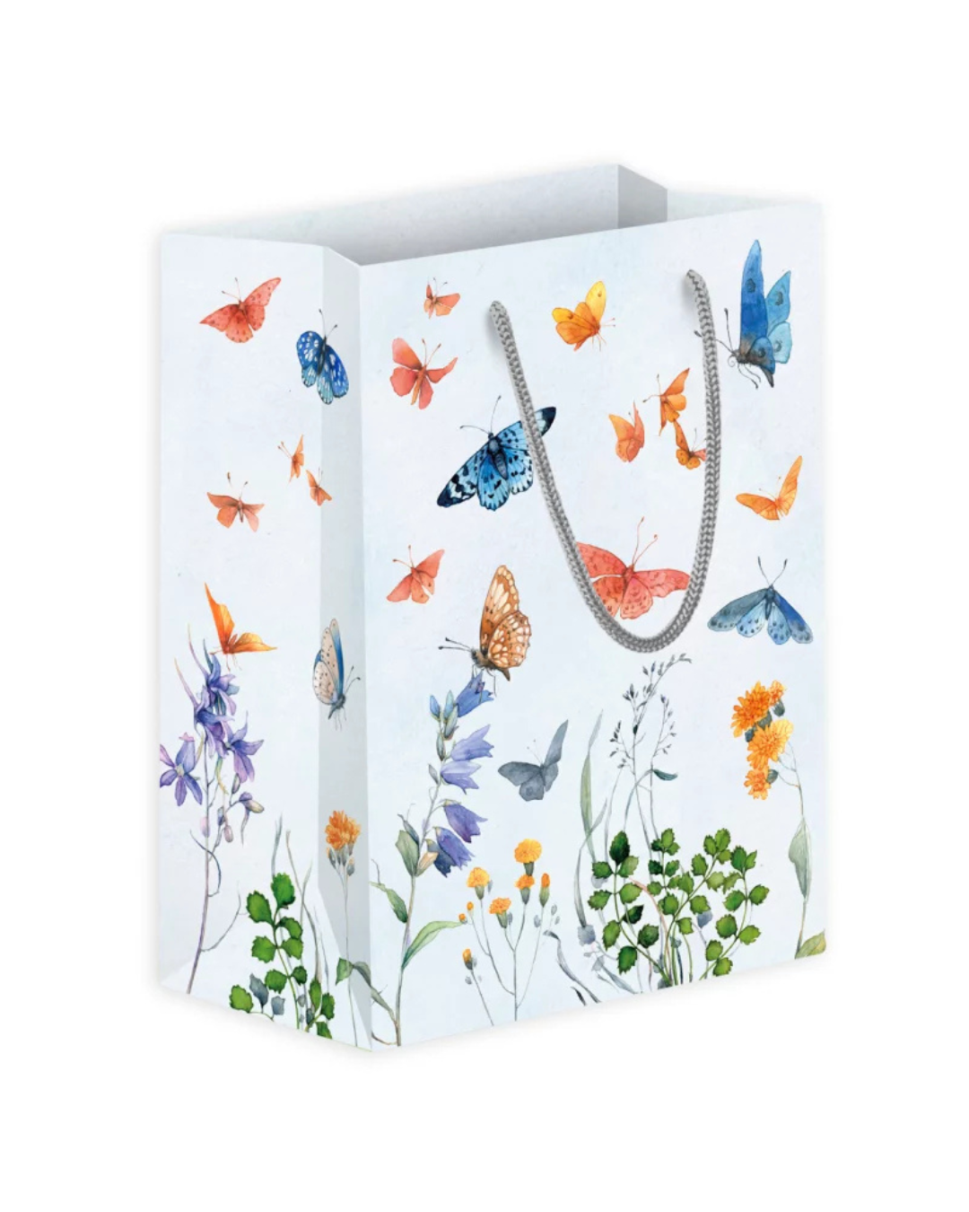 Geschenktasche M „Schmetterlingswiese“ von Grätz Verlag mit bunten Schmetterlingen, Blumen und Gräsern auf hellem Hintergrund, graue Kordelgriffe und luftiges Naturmotiv.