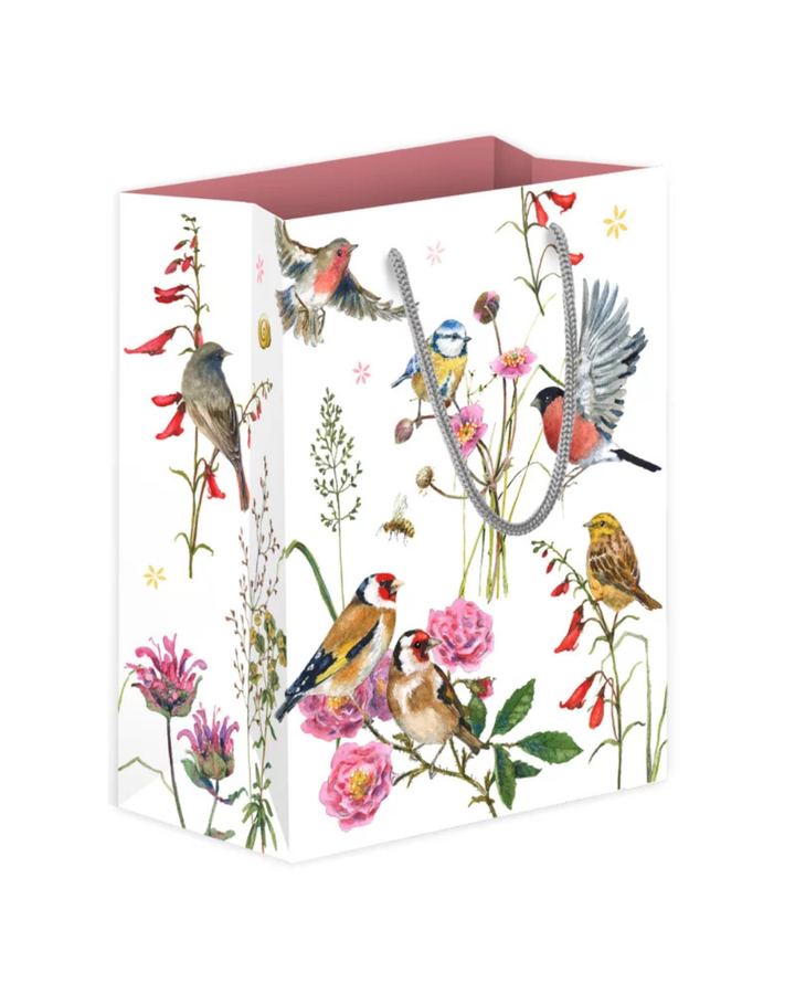 Mittlere Geschenktasche „Zeit für Harmonie“ von Grätz Verlag mit Vogel- und Blumenillustrationen auf hellem Hintergrund, graue Kordelgriffe, ruhige Naturmotive rundum gestaltet.