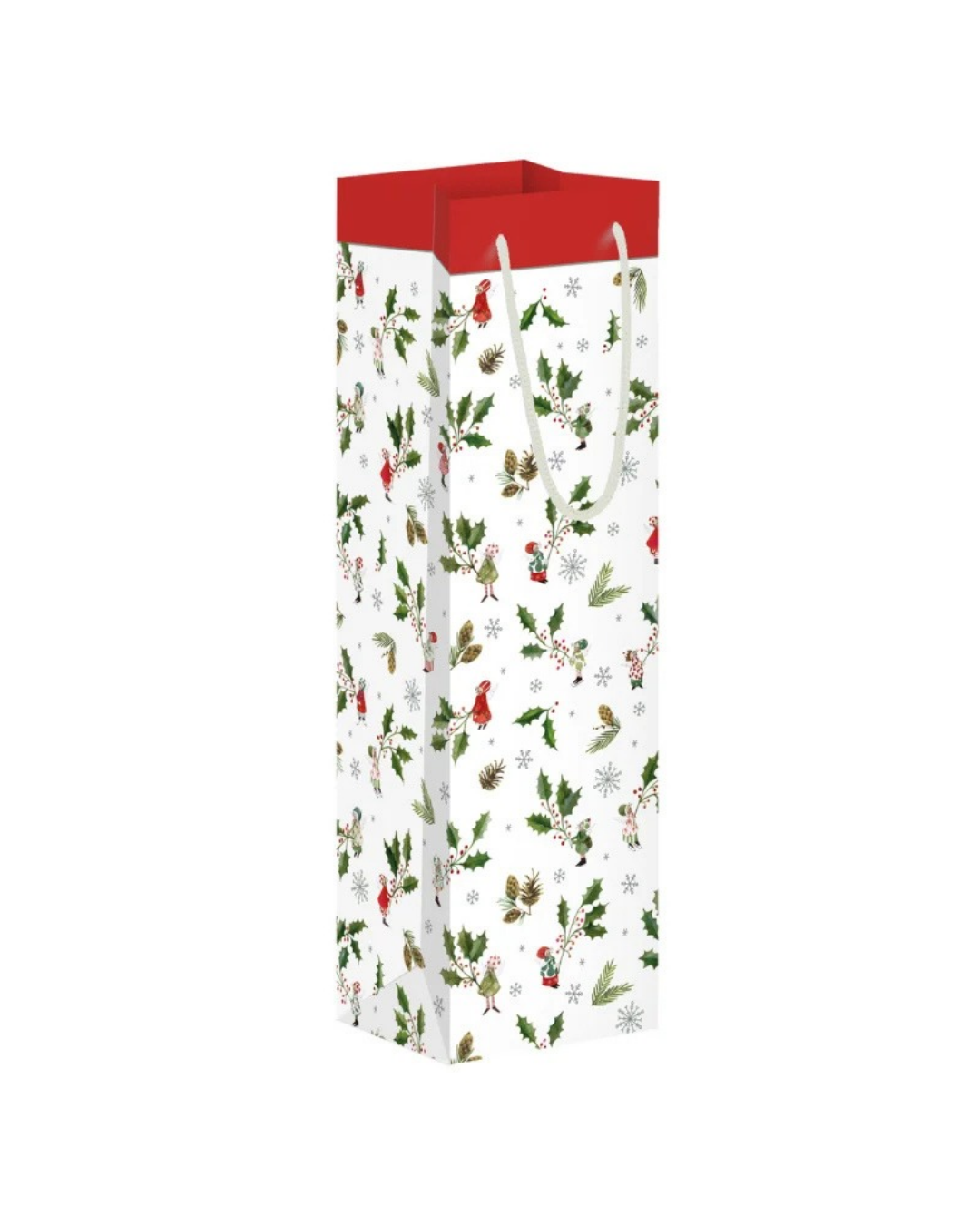 Geschenktasche "Weihnachtsengel Flaschentasche" vom Grätz Verlag vor weißen Hintergrund. Die Geschenktasche ist perfekt für Flaschen geformt, größtenteils weiß und hat oben einen roten Rand. Der Rest der Tasche ist bedeckt mit einem Muster von weihnachtlichen Zweigen/Pflanzen und kleinen Männchen.